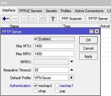 Настройка MikroTik VPN PPTP сервер, активация